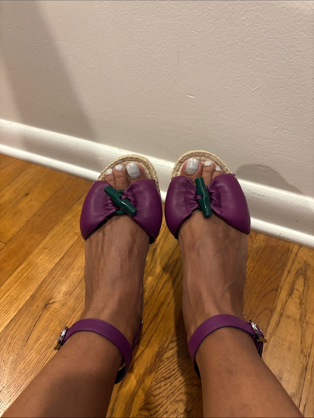 Longchamp Purple Leather Bamboo-Detail Espadrille Sandals with Green Accent